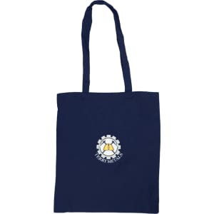 A navy tote bag with a logo on the front and two long handles for carrying.