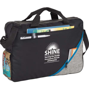 A black and grey laptop bag features multiple compartments, including a mesh side pocket, and includes a pen.
