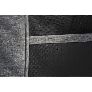 A close-up of a grey laptop bag with textured fabric and mesh accents, featuring a simple branding logo.
