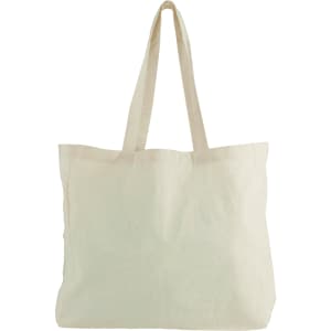 A natural cotton shopper tote in off-white, featuring long handles and a simple design with a logo.