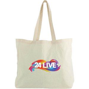A natural cotton tote bag in cream with a colourful logo design on the front.