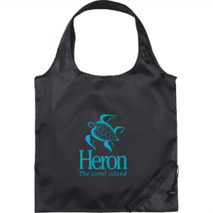 A black foldaway tote bag featuring a turtle design and a branding logo.