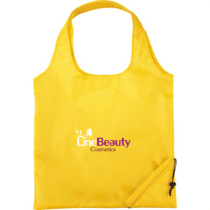 A yellow foldaway tote bag with a logo, featuring a single handle and a compact design for easy storage.
