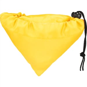 A yellow foldaway shopper tote with a cinched drawstring closure and a small logo.