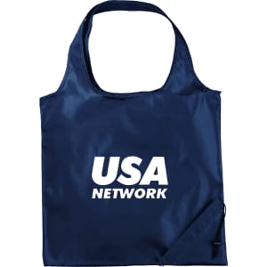 A navy foldaway tote bag with a single strap and a branding logo. It features a compact design for easy storage.