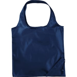 A navy foldaway tote bag with a single handle and a compact foldable design. It features a logo.