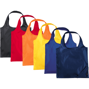 A collection of foldable tote bags in black, red, yellow, orange, purple, and navy blue, each with a logo.