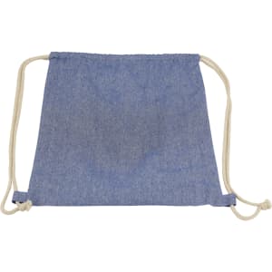 A blue custom dyed drawstring bag with cream-coloured drawstrings and a logo.