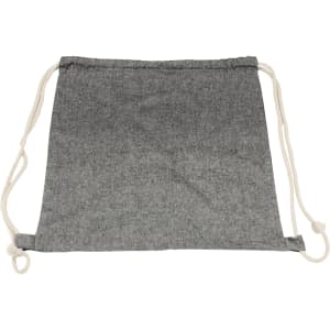 A grey drawstring bag made from a textured fabric, featuring natural-coloured drawstrings and a logo.