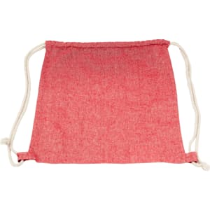 A red drawstring bag with a textured finish and light-coloured cords for closure, featuring a logo.