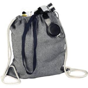 A grey drawstring bag featuring a navy trim and a logo, holding a drink bottle and accessories.