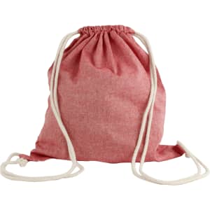 A red drawstring bag with natural coloured rope straps. The bag features a logo.