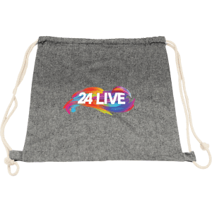 A grey drawstring bag with a colourful logo design and natural-coloured cords.