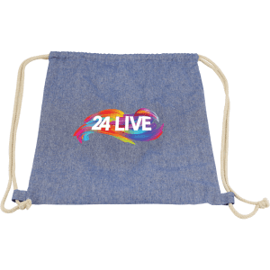 A blue drawstring bag with a branded design in the centre and cream-coloured cords for closure.