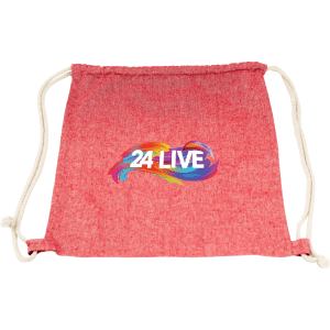A red custom-dyed drawstring bag with a logo in the centre and contrasting drawstrings.