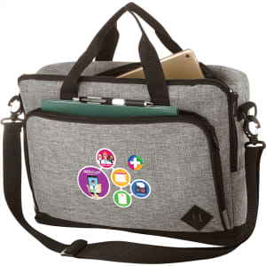 A grey laptop briefcase with black accents, featuring multiple pockets and a carrying strap. It has logos displayed on the front.