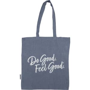 A blue recycled cotton twill tote bag with a white logo and text design.