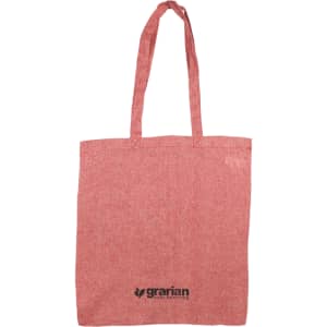 A red recycled cotton twill tote bag with long handles and a logo at the bottom.