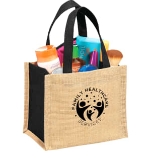 A jute tote bag in natural and black with various beauty products and a logo on the front.