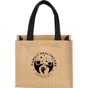 A beige jute tote bag with black handles, featuring a logo on the front.