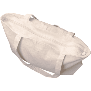 A cream zippered cotton canvas shopper tote with two handles and a top zipper closure.