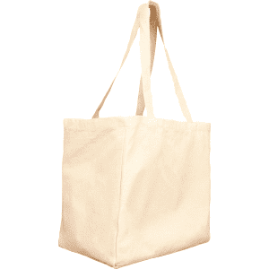 A natural beige reusable cotton grocery tote bag with long handles and a simple design.