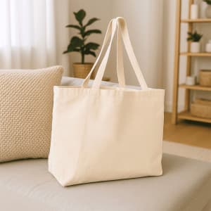 A cream-coloured reusable grocery tote bag with long handles, placed on a sofa. The setting includes natural decor elements.