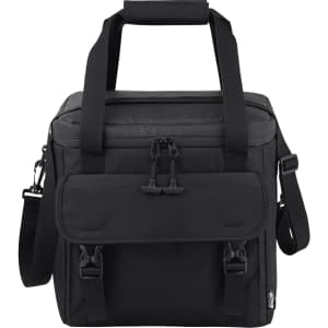 A black cooler bag with carrying handles, shoulder strap, and a front flap featuring buckles. It has a logo on it.