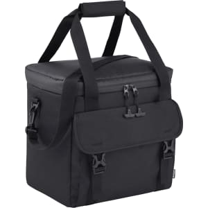 A black cooler bag with a sturdy handle and adjustable straps, designed to hold 24 cans.