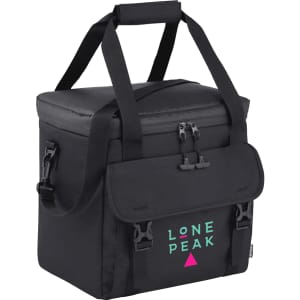 A black cooler bag with a handle and shoulder straps, featuring a logo on the front. Suitable for 24 cans.