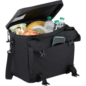 A black cooler bag with a zippered top, filled with bottles, fruit, and containers, featuring an exterior pocket.