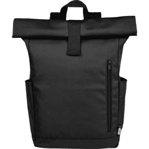 A black roll-top backpack made from GRS RPET material, featuring side pockets and a branding logo.