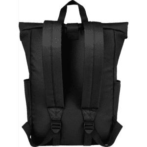 A black roll-top backpack with adjustable straps and side pockets, featuring a logo on the back.
