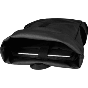 A black roll-top backpack with a spacious interior, designed for a laptop and featuring a logo.