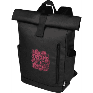 A black roll-top backpack with a pink printed design and side pockets. It features a logo on the front.
