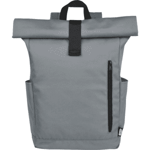 A grey roll-top backpack featuring side pockets and a front zipper pocket, with a logo on the side.