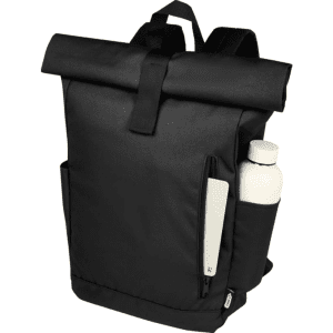 A black roll-top backpack with a zippered pocket and side pocket for a drink bottle. Features a logo on the front.