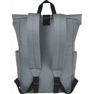 A grey roll-top backpack with adjustable straps and side pockets. It features branding on the front.