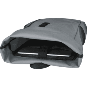 A grey roll-top backpack with an open top showcasing a secured laptop compartment inside. It features a branding logo.