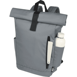 A grey roll-top backpack with a water bottle holder and a zipped pocket, featuring a logo on the front.