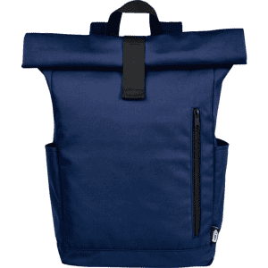 A navy blue roll-top backpack with a front zip pocket and side pockets, featuring a logo on the side.