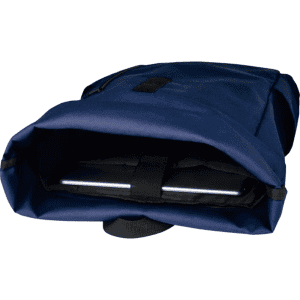 A navy roll-top backpack opened to reveal a laptop inside, featuring a logo on the exterior.
