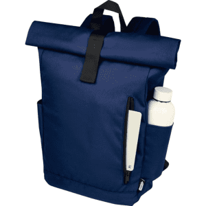 A navy blue roll-top backpack with a side pocket for a drink bottle and a front zip pocket. Features a logo.