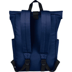 A navy blue roll-top backpack with adjustable straps and side pockets. It features a logo on the back.