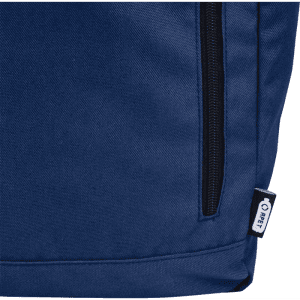 A blue roll-top backpack with a zippered pocket and a small logo tag on the side.
