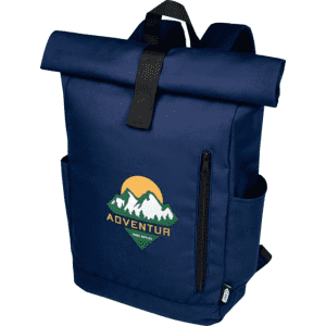 A navy roll-top backpack with a logo, featuring a spacious main compartment and side pockets.