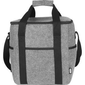 A drink bottle cooler bag made of grey recycled felt, featuring two black handles and shoulder strap.