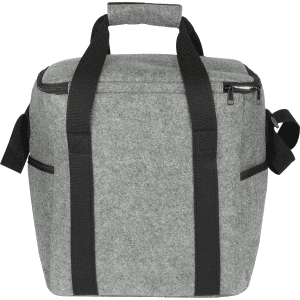 A drink bottle cooler bag in grey felt with black straps and zippered closure, featuring side pockets and a top handle.