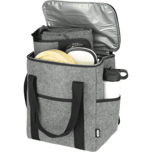 A drink bottle cooler bag in grey felt with black straps, featuring space for plates and utensils inside.