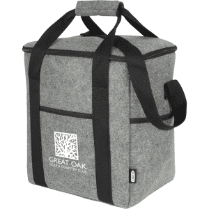A drink bottle cooler bag in grey felt with dual black handles and an exterior pocket. Features a logo on the front.